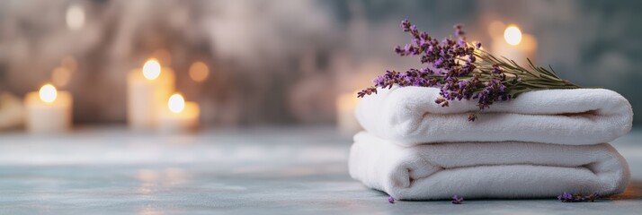 Aufkleber - Soft white towels adorned with fragrant lavender create a tranquil spa atmosphere, enhanced by the warm glow of candles in the background, inviting guests to indulge in relaxation and rejuvenation