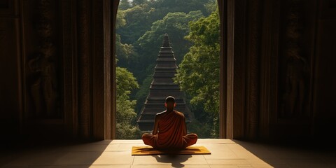 A serene monk sits in meditation at the entrance of an ancient temple, framed by lush greenery, signifying spiritual peace and the quest for enlightenment in a historical backdrop.