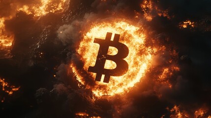 Aufkleber - Bitcoin symbol burning in inferno flames and smoke representing cryptocurrency financial crisis, market crash, inflation, recession, and volatility