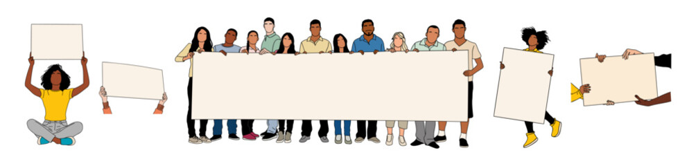 Set of different people holding blank placard, banner for message, announcement. Advertising, marketing concept. Outline colored vector drawing isolated on transparent background