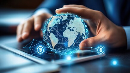 Poster - Businessman Hand Touching Digital Globe with Network Connections