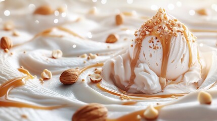 Wall Mural - Creamy ice cream scoop with caramel and nuts.