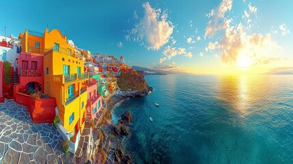 Poster - Scenic coastal view with colorful buildings at sunset.