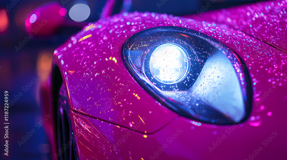 Close-up of a pink sports car headlight at night, rain droplets visible. Meadowlight. Illustration