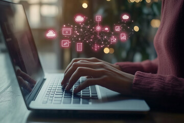 Aufkleber - woman is typing on a laptop with a screen that has a lot of icons and symbols. Concept of technology and the importance of being connected in today's world. Scene is somewhat serious
