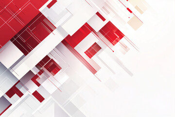 Poster - white background with red squares on it. The squares are in different sizes and are arranged in a way that creates a sense of movement. The image has a modern and abstract feel to it