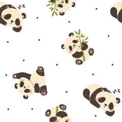 Wall Mural - Seamless vector pattern in a simple childish style. Cute pandas on white background . Vector illustration