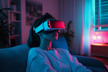 Poster - woman wearing a virtual reality headset is sitting on a couch. The room is dimly lit, and there are several potted plants in the background. The woman is enjoying her virtual reality experience