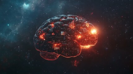 Poster - Futuristic glowing brain in space, digital technology concept.