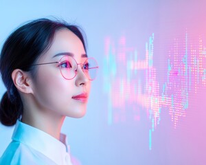 Poster - Asian Woman Analyzing Holographic Financial Graph with Pastel Abstract Lights