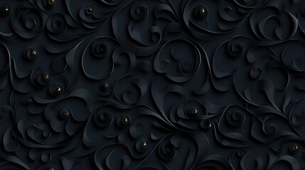 Poster - Discover an elegant black paper texture with swirls and leaves, ideal for your design projects in a detailed 3D pattern SEAMLESS PATTERN