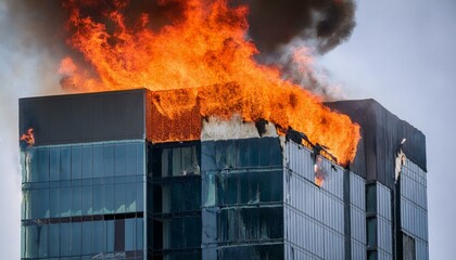 A scene of a high-rise building's exterior wall on fire, glass windows broken, red flames and black smoke rising