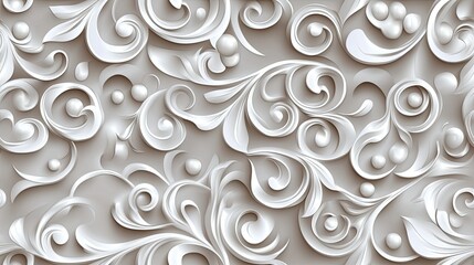 Poster - This seamless pattern has a grey background with white swirls, dots, and floral motifs, creating an elegant design SEAMLESS PATTERN