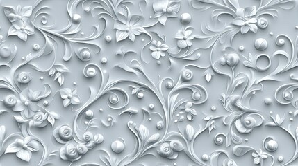 Poster - This seamless pattern has a grey background with white swirls, dots, and floral motifs, creating an elegant design SEAMLESS PATTERN