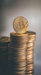 Poster - Gold bitcoin standing on a stack of coins representing the growth of cryptocurrency investments and the potential for substantial financial gains