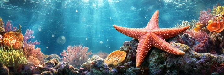 Poster - Sunlight filters through the clear ocean water, illuminating a vibrant coral reef where a starfish rests peacefully amidst colorful corals and marine life