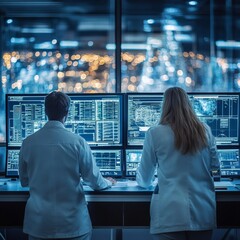 Poster - Engineers in Modern Control Room Analyzing Real-Time Data at Night