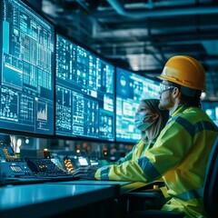 Aufkleber - Engineers Monitoring Data in High-Tech Control Room with Futuristic Screens