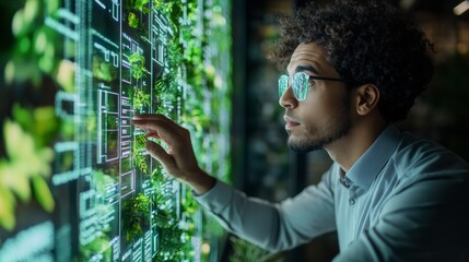 Aufkleber - Futuristic Greenhouse Technology Male Engineer Engaging with Digital Interface