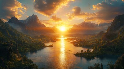 Wall Mural - Majestic sunset over a serene mountain lake and valley.