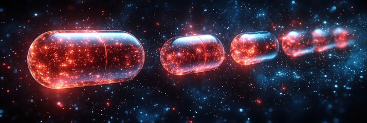 Poster - Graphic layouts exploring the concept of cosmic medicine through glowing capsules in space