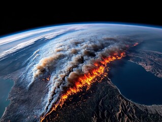 Canvas Print - A view of the earth from space with a volcano erupting from the top of it