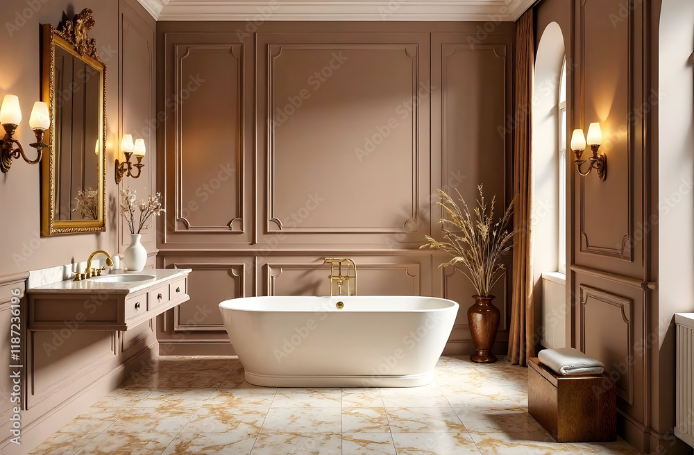 Elegant Neoclassical Bathroom in Mocha Mousse Color. Sophisticated ...