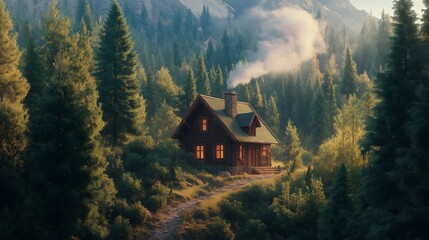 Wall Mural - cozy mountain cabin surrounded by pine trees, with smoke rising from the chimney and a trail leading into the woods