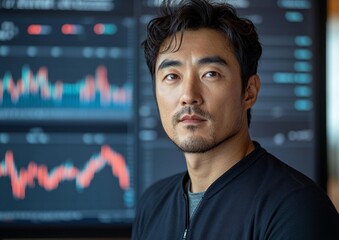 Poster - Korean Businessman Analyzing Data on Digital Financial Chart in Office