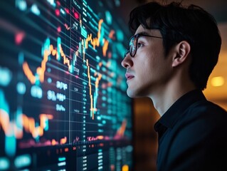 Aufkleber - Korean Man Analyzing Financial Graph on Screen in Modern Office Setting