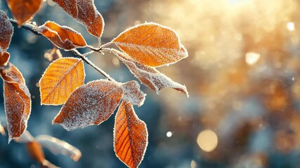 Poster - Frost covered autumn leaves glisten in morning sunlight amid a gentle snowfall, Frost covered autumn leaves with morning sunlight and snow falling Nature concept