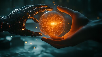 Poster - Human and robotic hands carefully exchange a glowing orb.