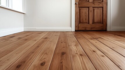 Poster - warm wooden floor complements the bright, airy room featuring a wooden door and large windows. Sunlight streams in, enhancing the inviting atmosphere of the space