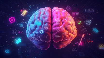 Poster - Human brain hemispheres with colorful digital icons.