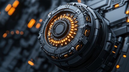 Fototapete - Close-up view of a high-tech device showcasing a circular component adorned with glowing orange lights. intricate design highlights advanced technology against a dark backdrop
