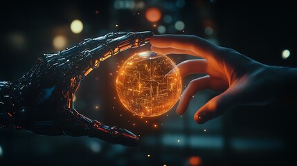 Poster - human hand and robotic hand reaching for glowing orb.