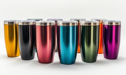 colorful insulated tumblers on white background. possible use product display