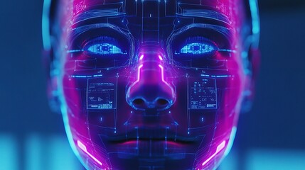 Poster - Futuristic Humanoid Robot Face with AI Elements and Neon Lights