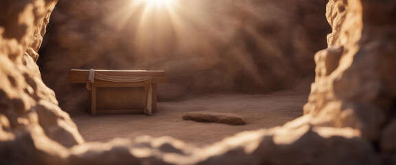 Wall Mural - Resurrection Light In The Empty Tomb With Crucifixion At Sunrise