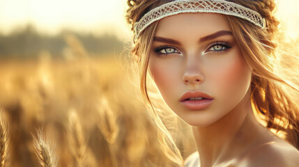 A girl in a national costume on the background of a field with ears of rye.