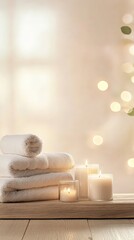 Poster - Soft white towels stacked neatly on a wooden surface alongside burning candles. Creating a tranquil and inviting spa atmosphere with a warm. Soft light and a blurred background featuring gentle bokeh