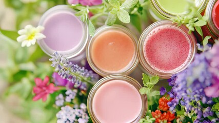 Poster - Delightful Colors of Nature Captured in Vibrant Jars Surrounded by Blooming Flowers