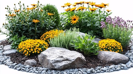 Sticker - Colorful flower garden with yellow blooms and decorative rocks in a landscaped area