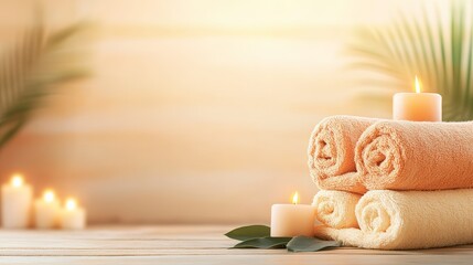 Poster - Soft, fluffy towels rolled and stacked on a wooden surface, accompanied by lit candles and tropical foliage, create a serene spa atmosphere for relaxation and pampering