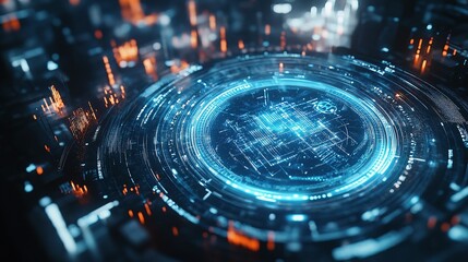 Poster - Futuristic Blue Hologram Interface with Circular Digital Elements