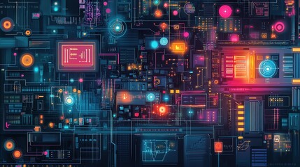 Poster - Colorful Digital Illustration of ICT and IoT Concepts in Technology