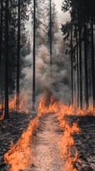 Poster - Intense flames are consuming the forest undergrowth, advancing along a path and generating thick smoke, creating a dramatic and devastating scene of environmental destruction