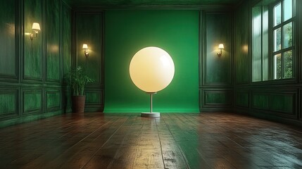 Canvas Print - Green room, large orb lamp, dark wood floor.