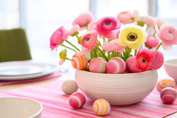 Poster - Bright and colorful spring floral arrangement with decorated eggs on a festive table setting
