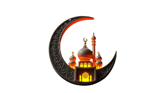 Photo of Illustration of Crescent Moon With Carved Mosque, Islamic Festival Concept isolated on transparent background